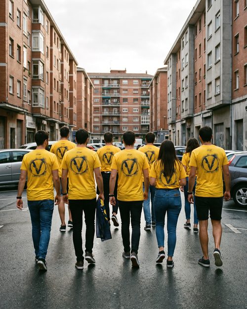Cuadrilla de espaldas con camisetas amarillas iguales por una calle de Bilbao