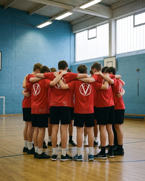 Equipo juvenil abrazado en círculo con camisetas rojas iguales