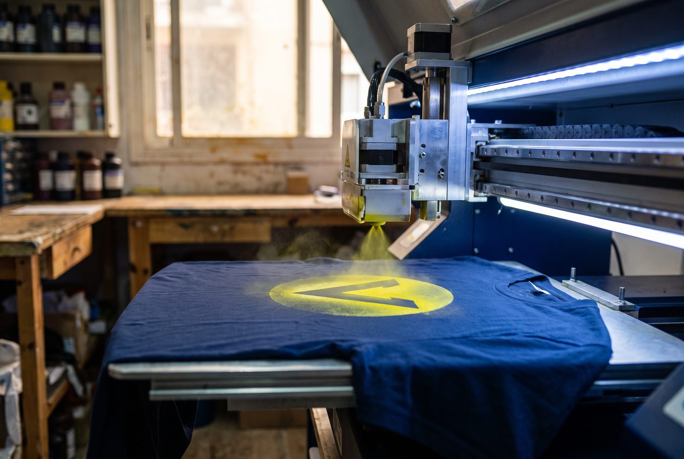 Impresora textil imprimiendo un diseño amarillo sobre una camiseta azul marino en el taller